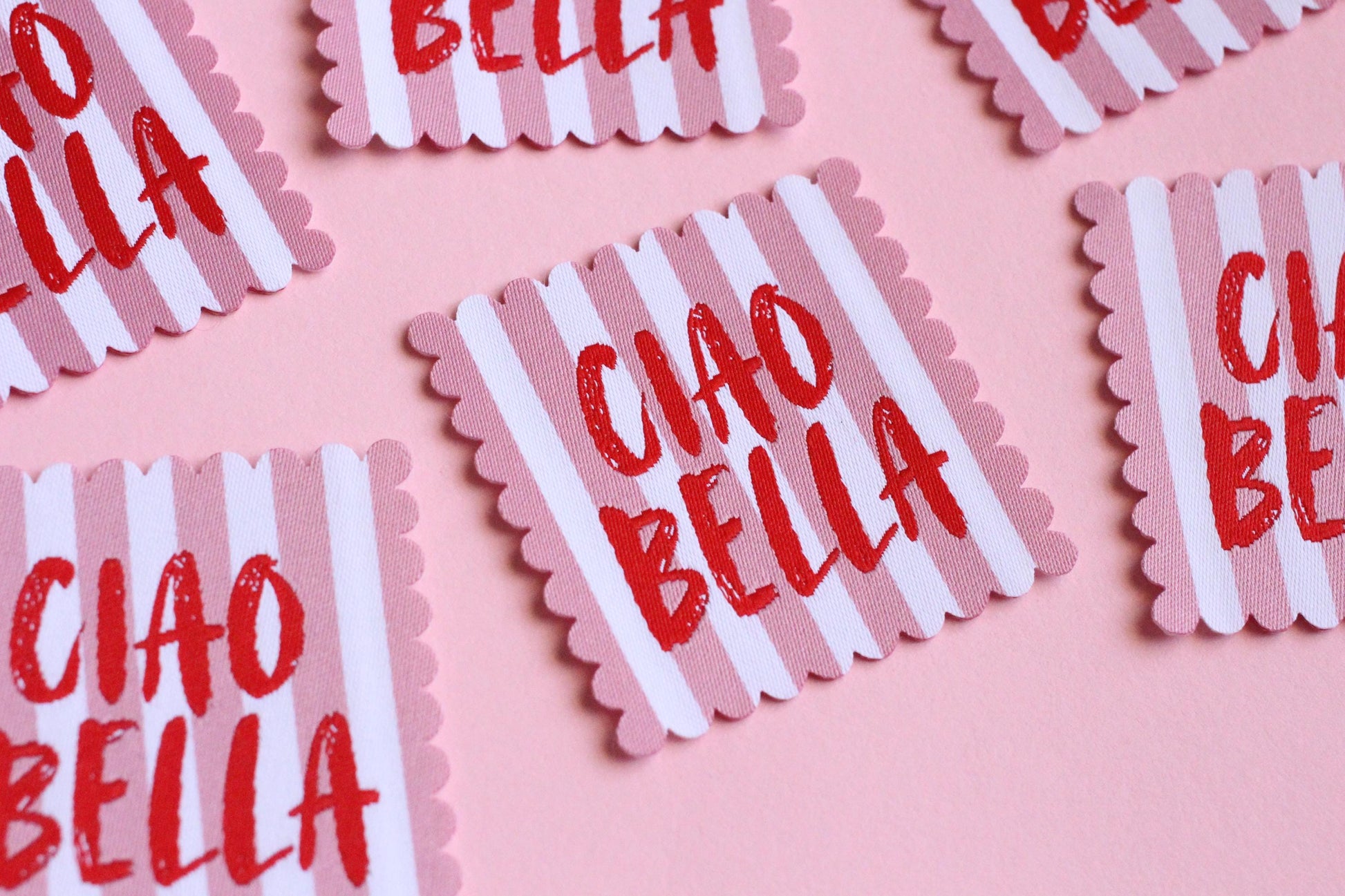 Ciao Bella SCALLOP EDGE Woven Sewing Labels: Cute Pink & White Stripe Clothes Tags for Handmade Projects, Summer Woven Labels, Interfaced - The Cosy Club Handmade