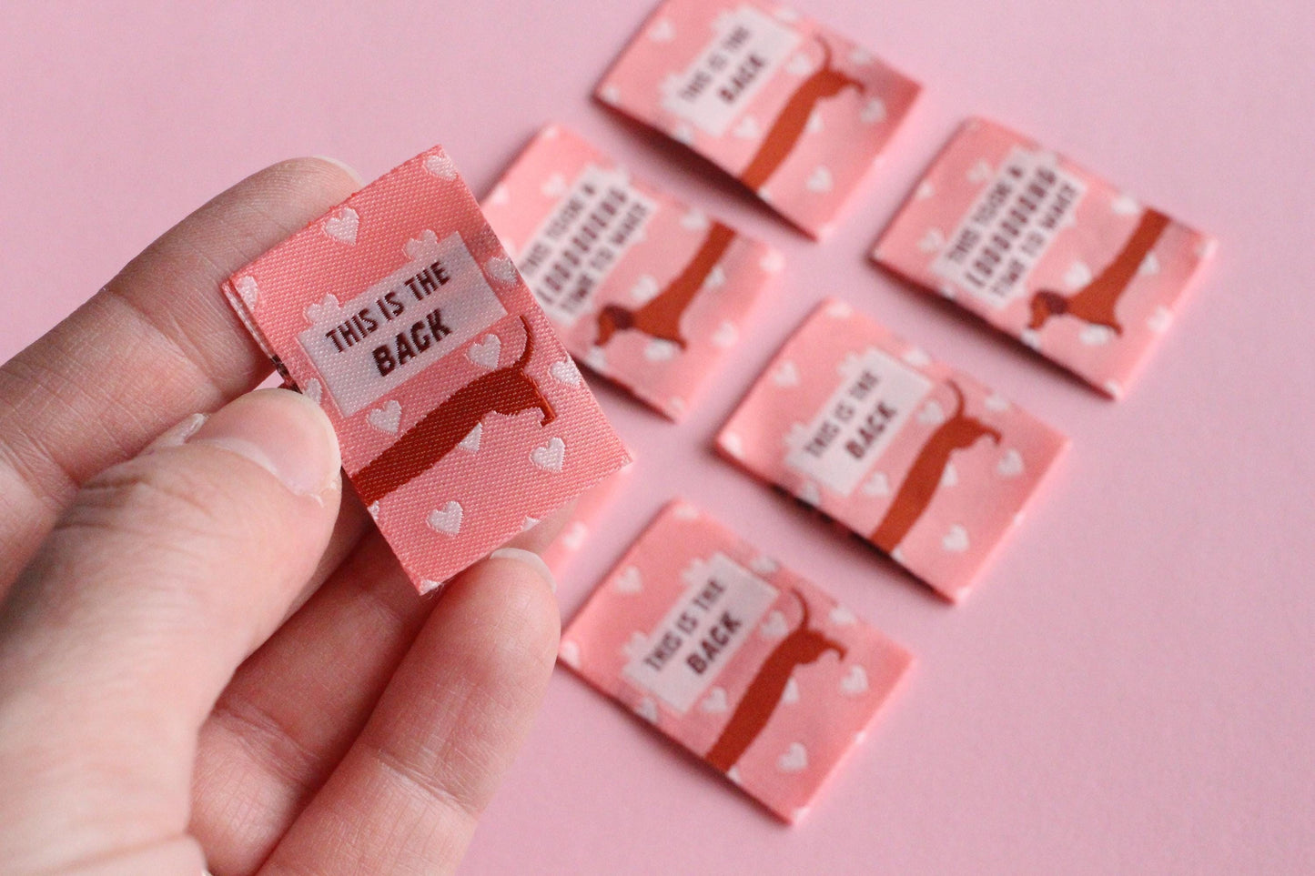 Woven Sewing Labels for Handmade Clothes – Pack of 6 Pink Sausage Dog Tags, “This Took A Long Time To Make” & “This Is the Back” - The Cosy Club Handmade