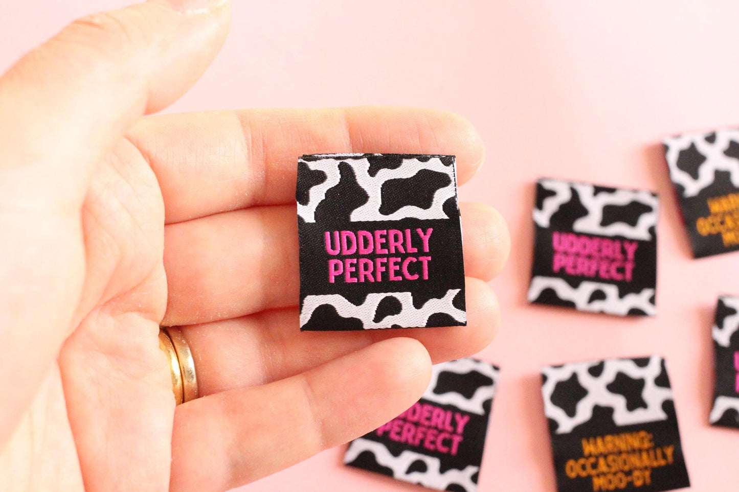 UDDERLY PERFECT / OCCASIONALLY MOO-DY | Cow Print Double Sided Woven Sewing Labels (6 Pack) - The Cosy Club Handmade