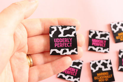 UDDERLY PERFECT / OCCASIONALLY MOO-DY | Cow Print Double Sided Woven Sewing Labels (6 Pack) - The Cosy Club Handmade