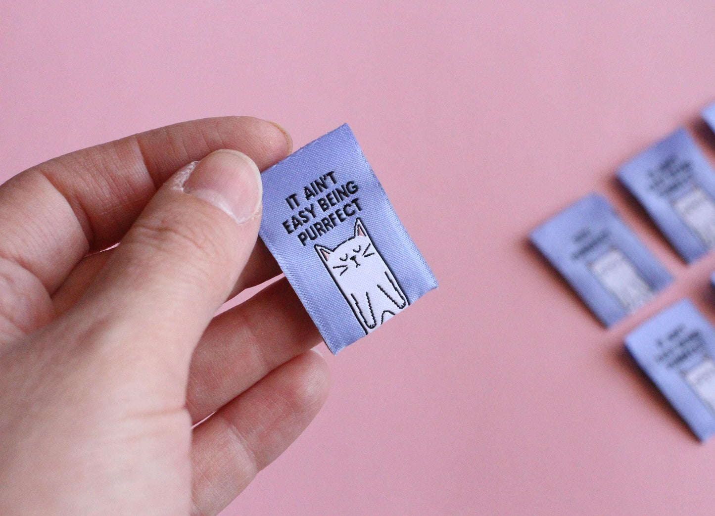 Cat Sewing Labels "Size: Purrfect" Woven Clothing Tags - Pack of 6 Double Sided Soft Woven Sewing Labels for Handmade Projects, Crochet, Fun - The Cosy Club Handmade