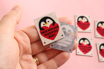 Woven KNITTING / CROCHET Labels – Pack of 5 “Made With Love To Keep You Warm” Interfaced Penguin Knitting Tags, Fabric Labels for Handmade - The Cosy Club Handmade