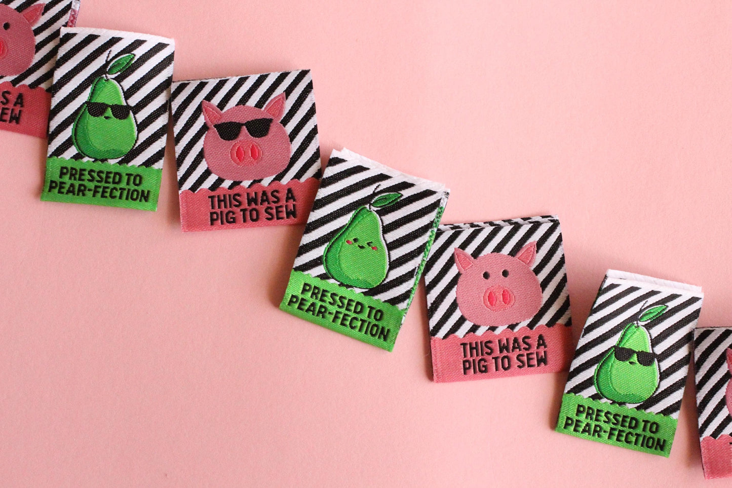 Double Sided Woven Sewing Labels | The Cosy Club Handmade x Adam Sews "Pressed to Pear-fection" "This was a Pig to Sew" Tags for Handmade - The Cosy Club Handmade