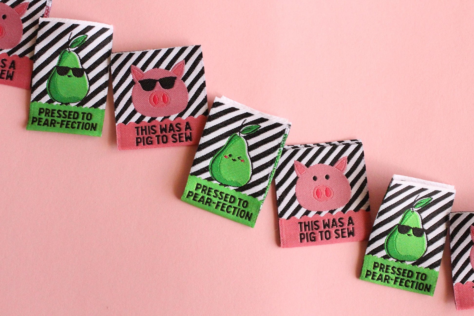Double Sided Woven Sewing Labels | The Cosy Club Handmade x Adam Sews "Pressed to Pear-fection" "This was a Pig to Sew" Tags for Handmade - The Cosy Club Handmade