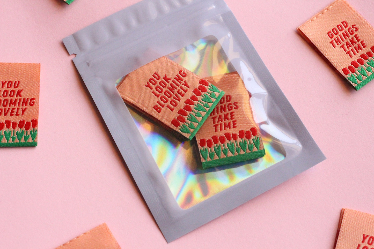 GOOD THINGS TAKE TIME / YOU LOOK BLOOMING LOVELY | Tulip Double Sided Woven Sewing Labels (6 Pack) - The Cosy Club Handmade