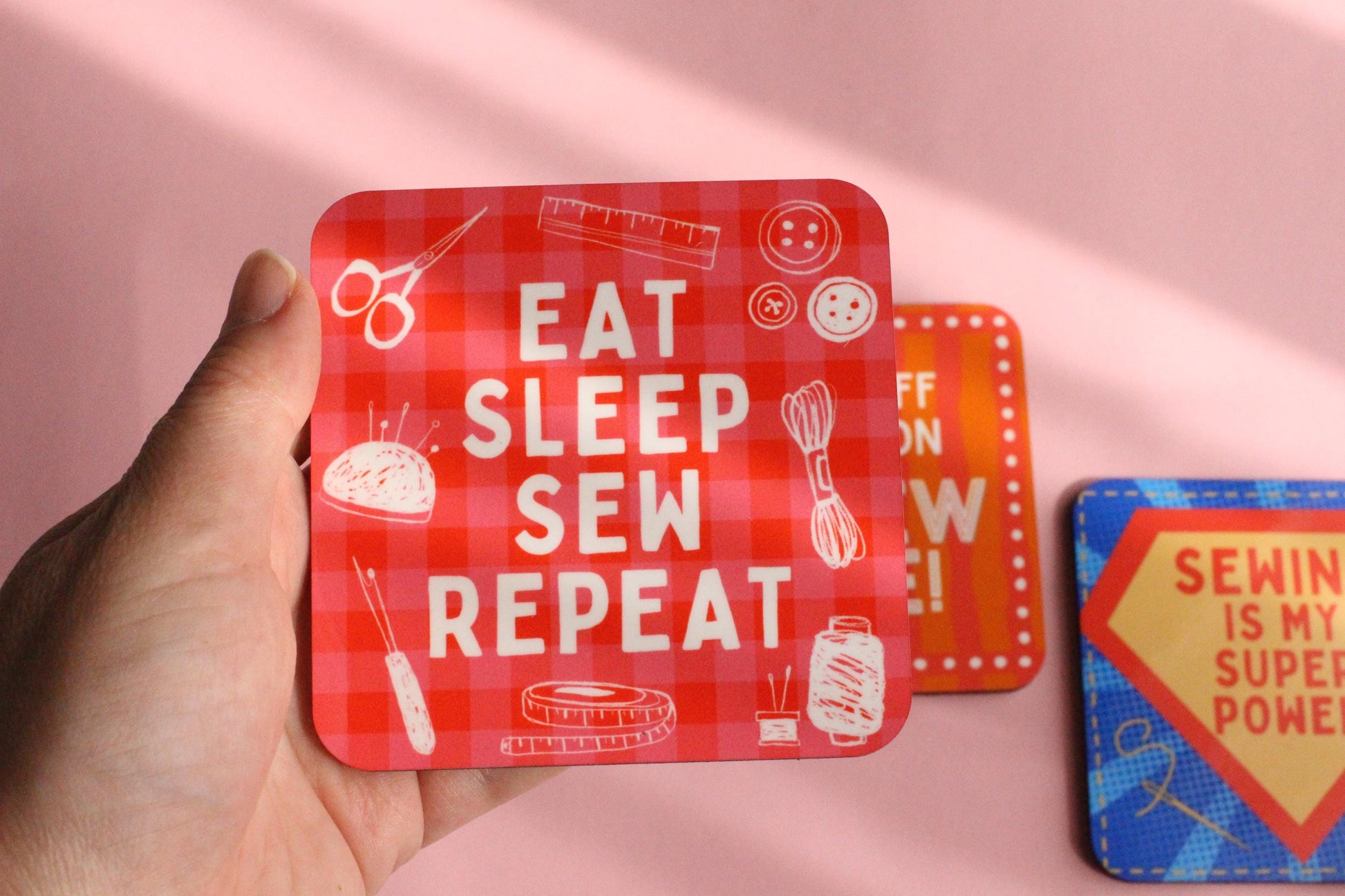 FUN SEWING COASTERS - Sewing themed coasters, Gifts for sewists, High quality hardboard coasters with a glossy top layer in 3 cute designs - The Cosy Club Handmade