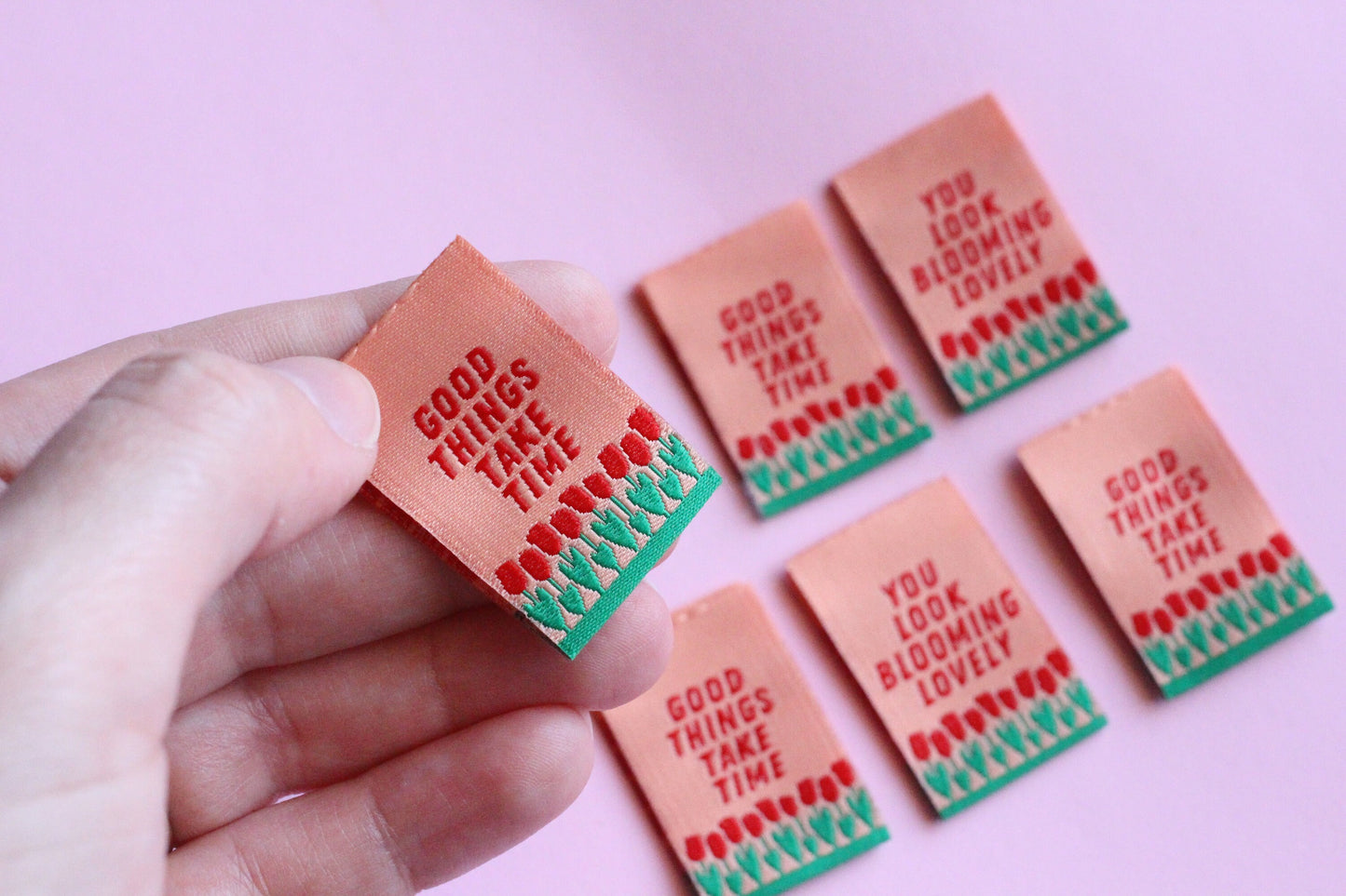 GOOD THINGS TAKE TIME / YOU LOOK BLOOMING LOVELY | Tulip Double Sided Woven Sewing Labels (6 Pack) - The Cosy Club Handmade