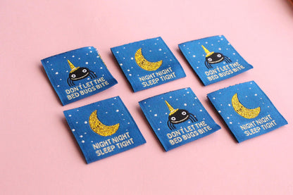 Pyjama Sewing Labels – Pack of 6 Double-Sided Fun Tags, Super Soft Labels for Handmade Projects "Night Night" "Don't Let the Bed Bugs Bite" - The Cosy Club Handmade