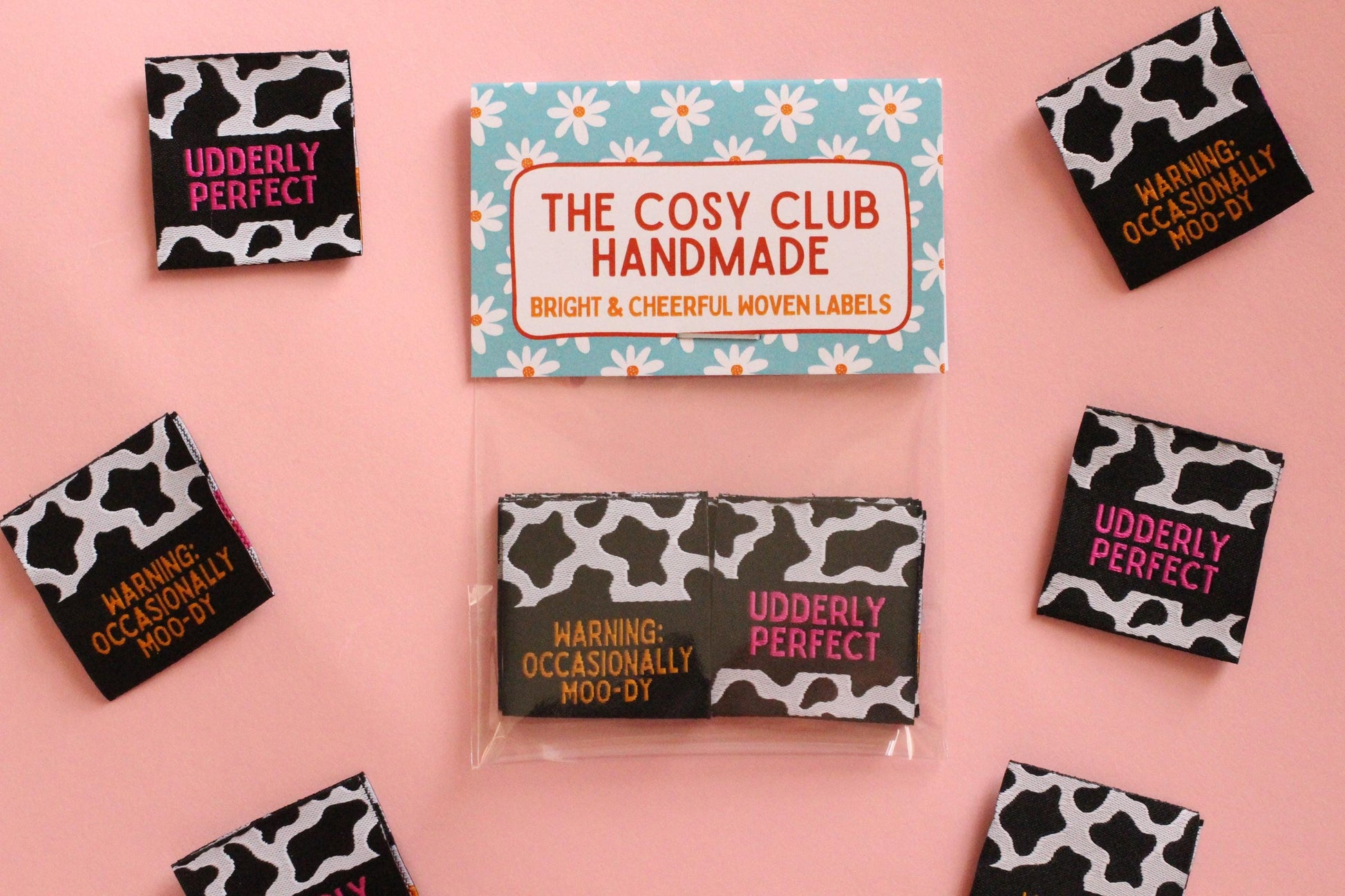 UDDERLY PERFECT / OCCASIONALLY MOO-DY | Cow Print Double Sided Woven Sewing Labels (6 Pack) - The Cosy Club Handmade