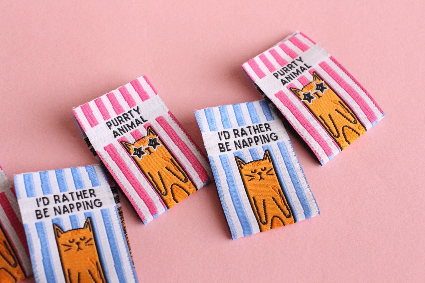 PURRTY ANIMAL | I'D RATHER BE NAPPING Cat Double Sided Woven Sewing Labels (6 Pack) - The Cosy Club Handmade