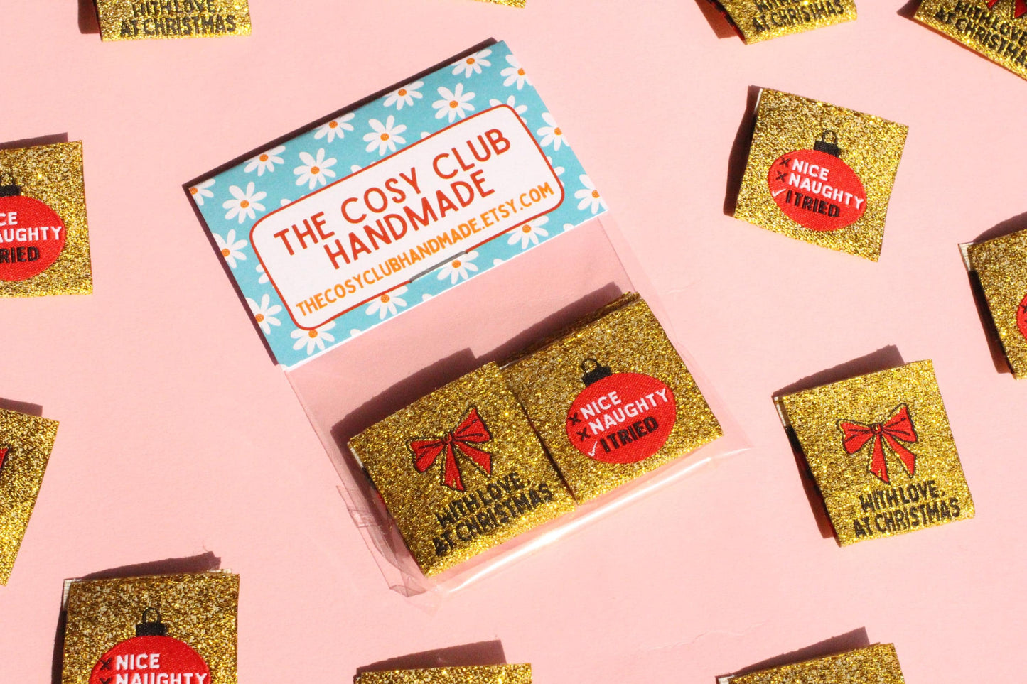 WITH LOVE, AT CHRISTMAS | Sparkly Gold Christmas Woven Sewing Labels (6 Pack) - The Cosy Club Handmade