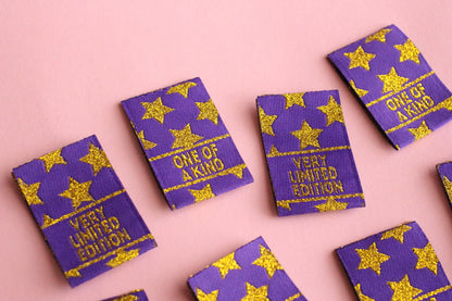Purple & Gold Star Woven Sewing Labels:  "Very Limited Edition" Clothing Tags (Pack of 6) Labels for handmade projects, gifts, quilting tags - The Cosy Club Handmade