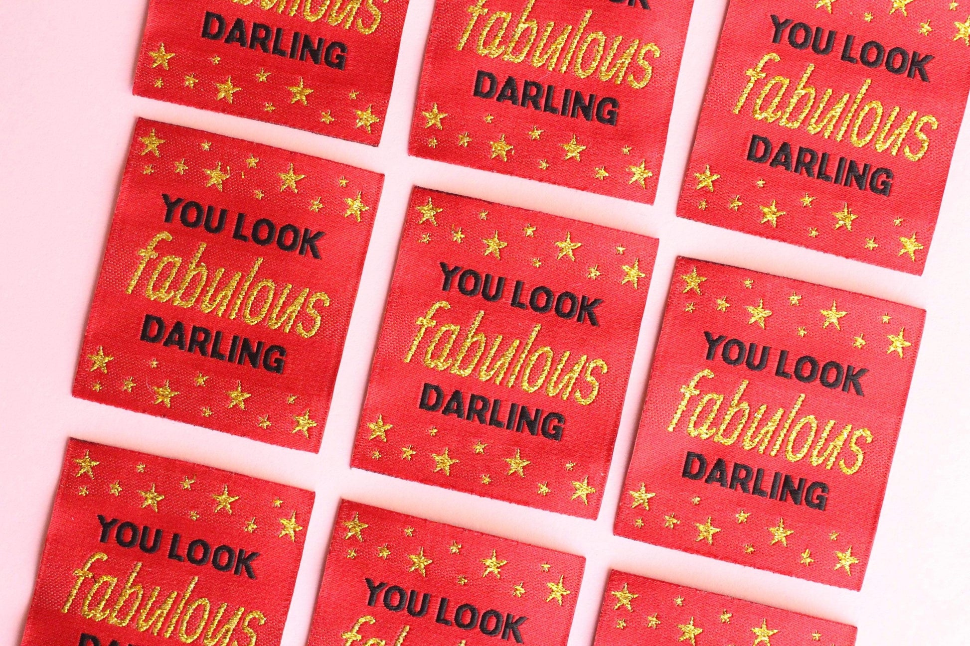 Metallic Gold Woven Sewing Labels – Pack of 5 “You Look Fabulous Darling” Tags, Handmade Clothing Labels for Crochet & Knitting - The Cosy Club Handmade