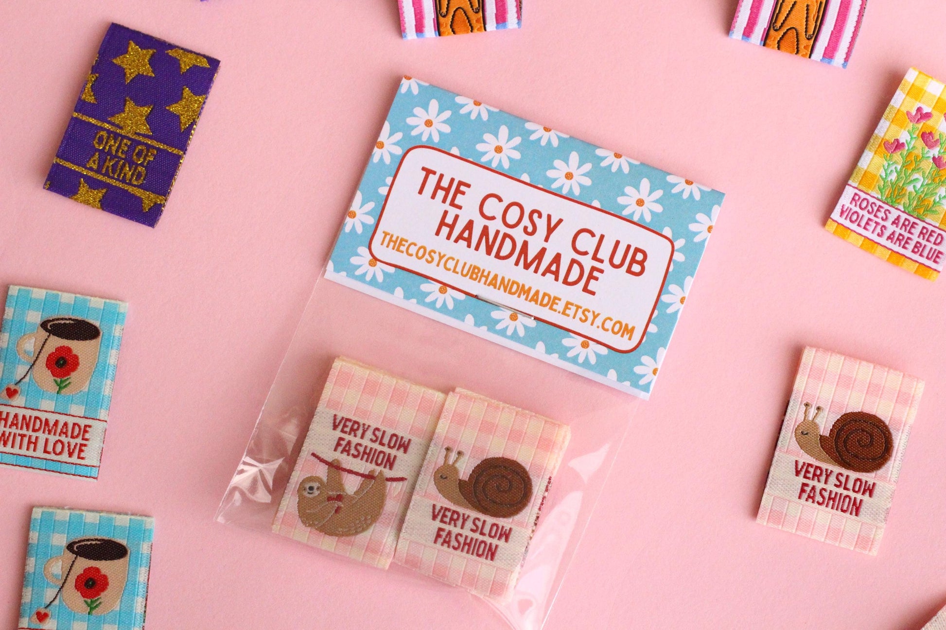 Funny Woven Sewing Labels – Pack of 6 Snail & Sloth “Very Slow Fashion” Tags, Labels for Quilting, Knitting and Crochet - The Cosy Club Handmade