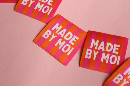 Woven Sewing Labels – Pink Orange Pack of 5 Labels “Made By Moi” Tags, Fun Clothing Labels for Handmade Projects, Knitting - The Cosy Club Handmade
