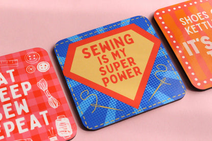 FUN SEWING COASTERS - Sewing themed coasters, Gifts for sewists, High quality hardboard coasters with a glossy top layer in 3 cute designs - The Cosy Club Handmade