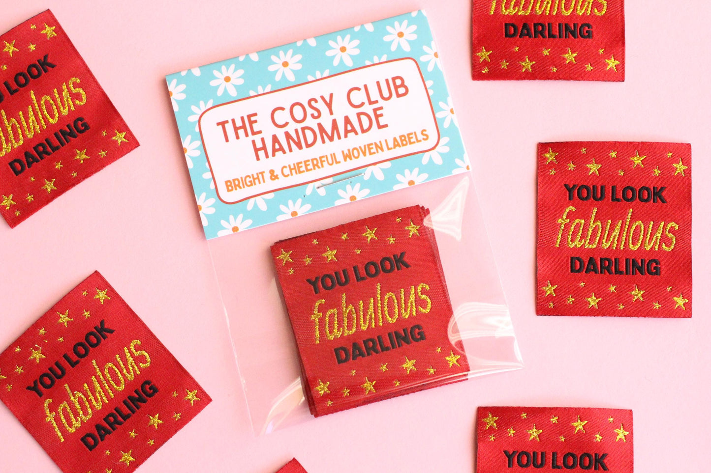 Metallic Gold Woven Sewing Labels – Pack of 5 “You Look Fabulous Darling” Tags, Handmade Clothing Labels for Crochet & Knitting - The Cosy Club Handmade