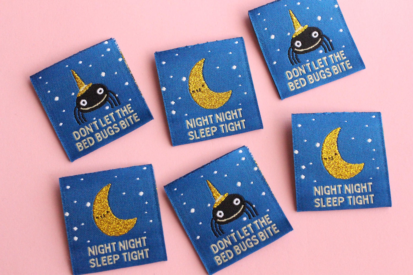Pyjama Sewing Labels – Pack of 6 Double-Sided Fun Tags, Super Soft Labels for Handmade Projects "Night Night" "Don't Let the Bed Bugs Bite" - The Cosy Club Handmade