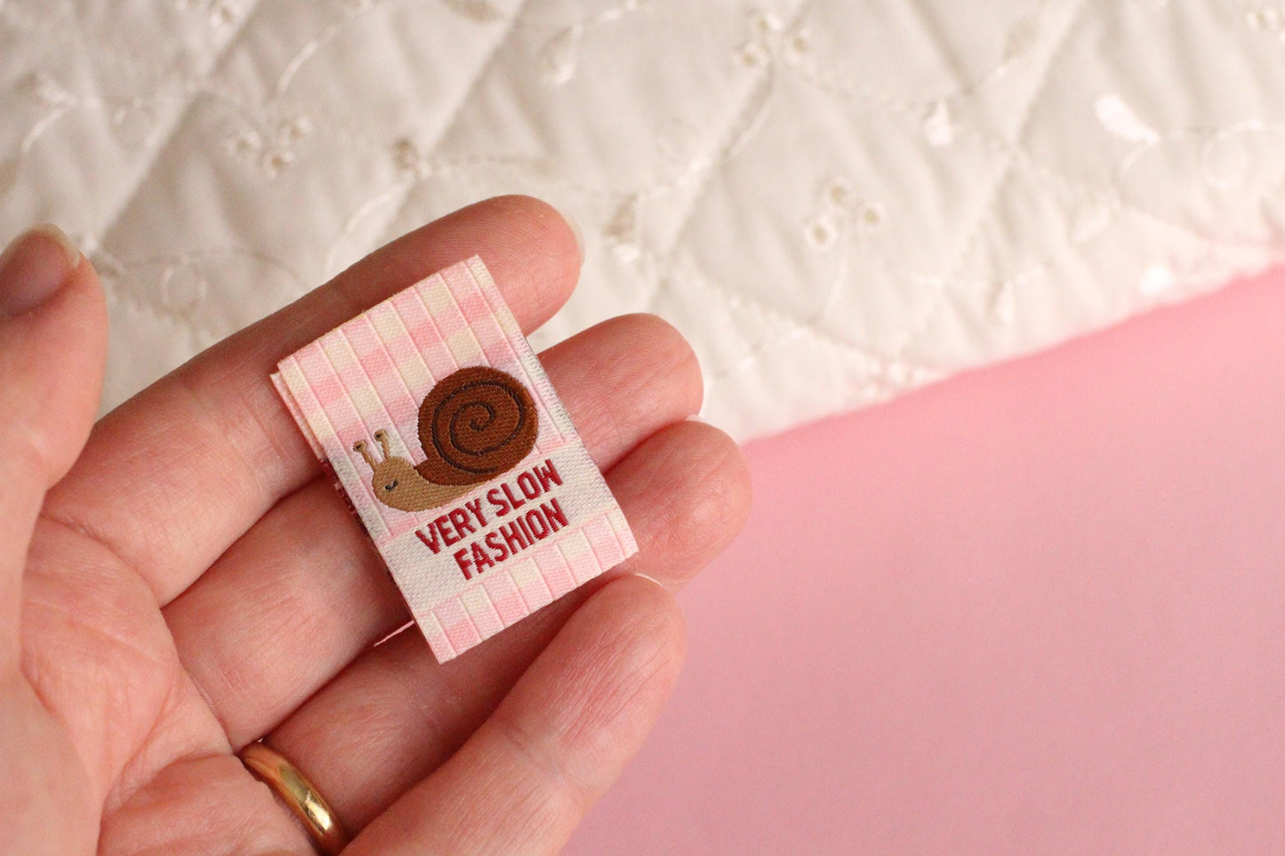 Funny Woven Sewing Labels – Pack of 6 Snail & Sloth “Very Slow Fashion” Tags, Labels for Quilting, Knitting and Crochet - The Cosy Club Handmade