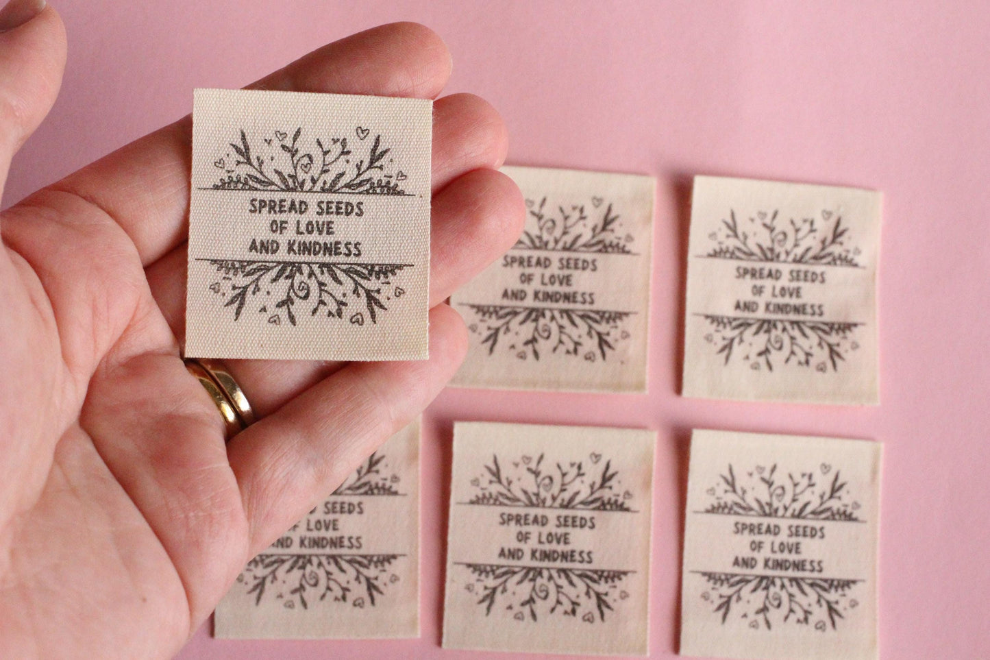 Organic Cotton Sewing Labels – Pack of 6 Unbleached “Spread Seeds of Love and Kindness” Tags, Eco-Friendly Labels for Knitting and Handmade - The Cosy Club Handmade