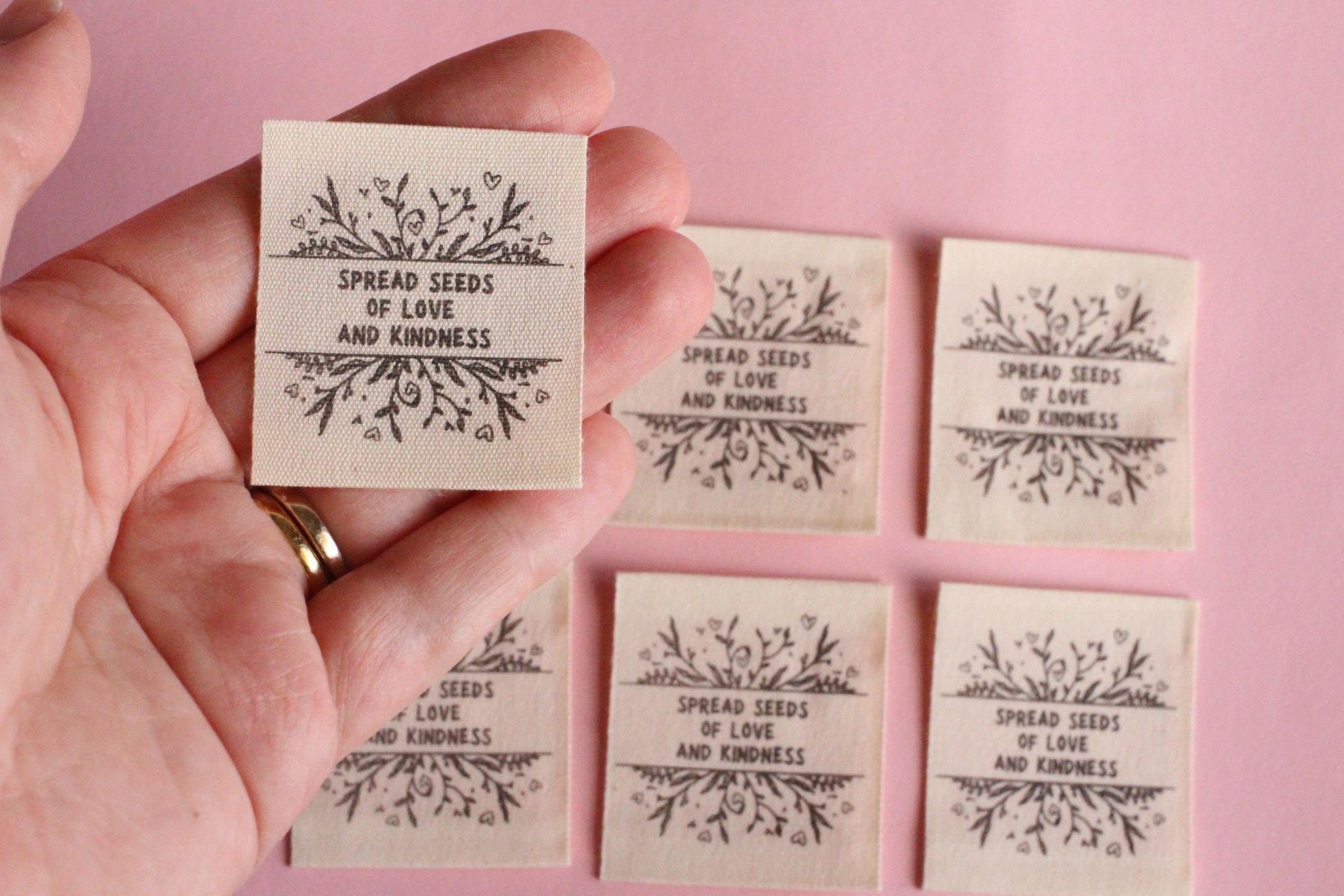 Organic Cotton Sewing Labels – Pack of 6 Unbleached “Spread Seeds of Love and Kindness” Tags, Eco-Friendly Labels for Knitting and Handmade - The Cosy Club Handmade