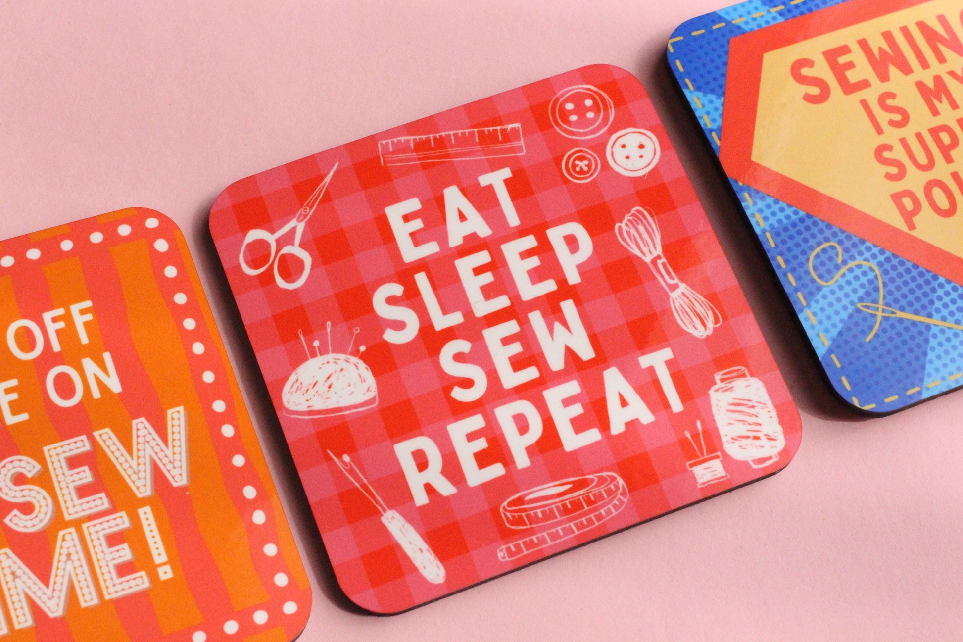 FUN SEWING COASTERS - Sewing themed coasters, Gifts for sewists, High quality hardboard coasters with a glossy top layer in 3 cute designs - The Cosy Club Handmade