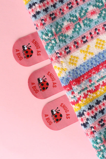 Ladybird / Ladybug Woven Sewing Labels – Pack of 5 Pink “Snug as a Bug” Cute Tags, Soft Clothing Labels for Crochet and Handmade Clothes - The Cosy Club Handmade