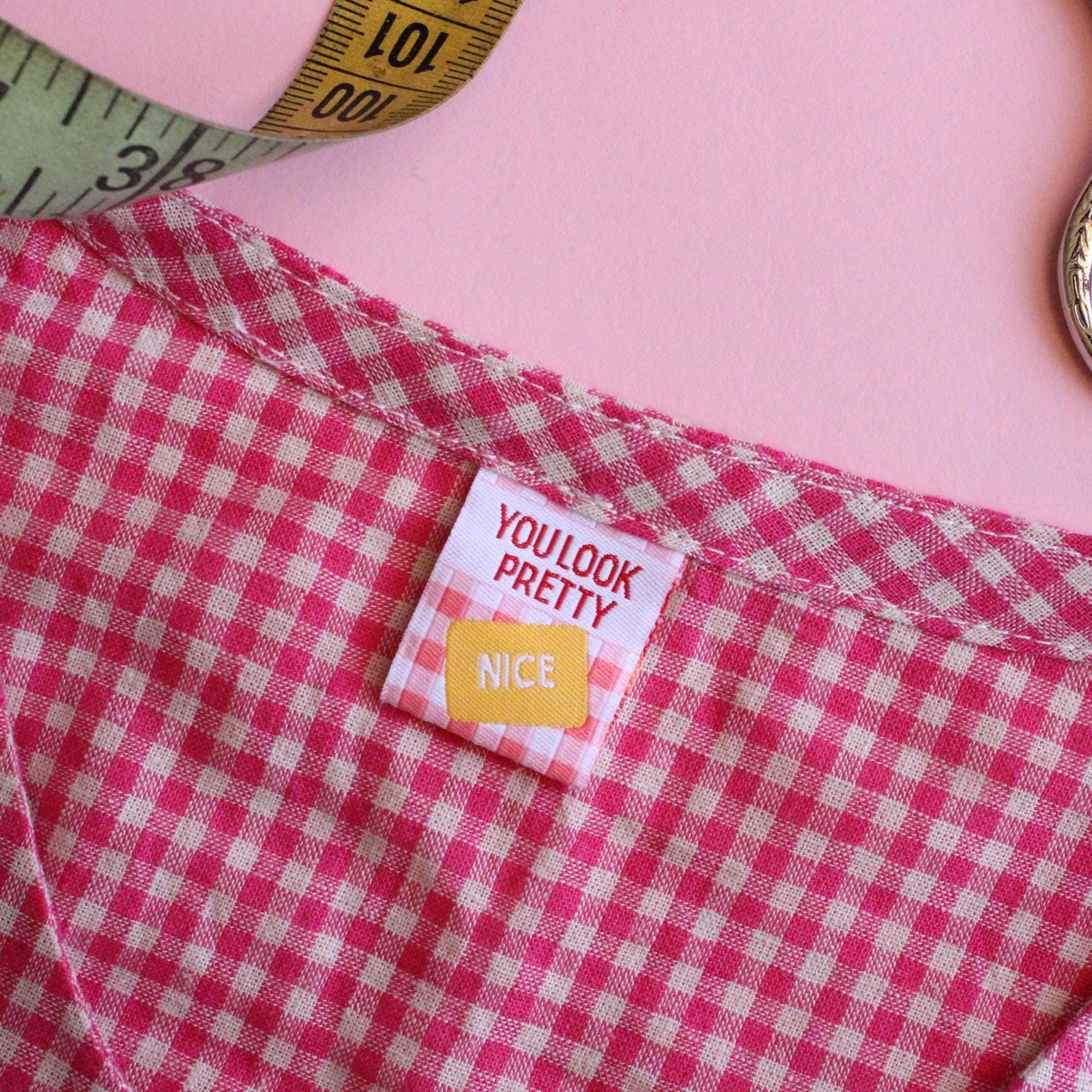 Sewing labels for handmade | Pack of 6 pink gingham woven sewing labels - "Lovingly Handmade" "You Look Pretty (Nice)" | Cute clothing tag - The Cosy Club Handmade