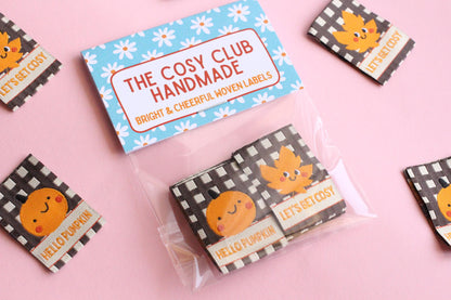 HELLO PUMPKIN / LET'S GET COSY | Autumn Fall Double Sided Woven Sewing Labels (6 Pack) - The Cosy Club Handmade