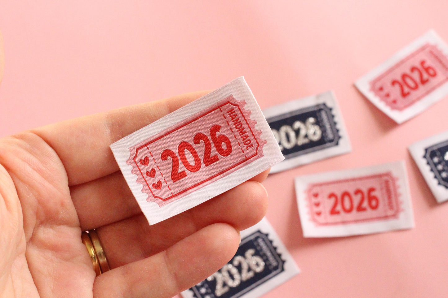 2026 Year Woven Sewing Labels - Pack of 6 vintage ticket design labels for handmade items, crochet, quilting, knitting, Blue or Pink - The Cosy Club Handmade