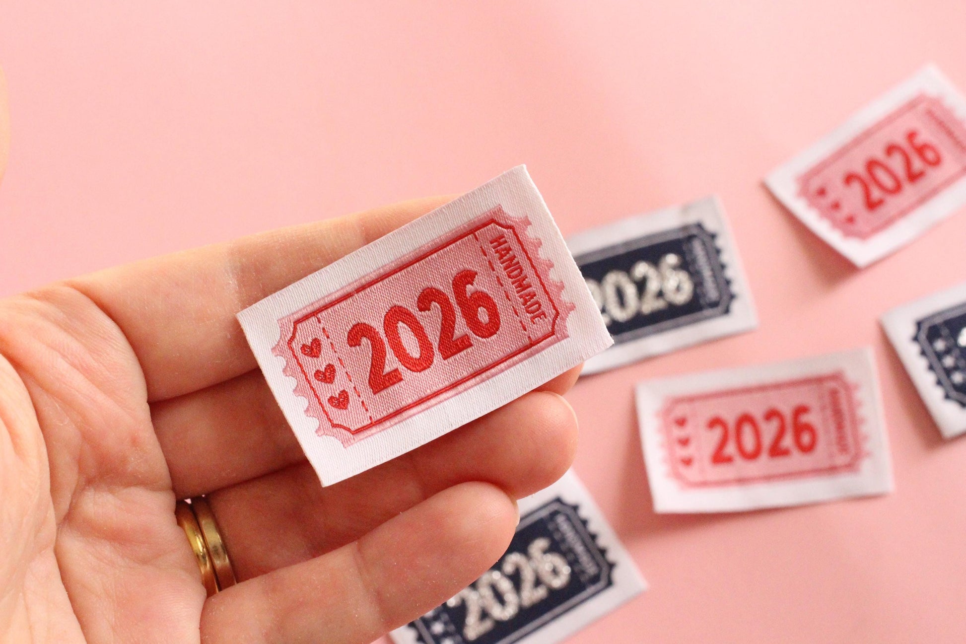 2026 Year Woven Sewing Labels - Pack of 6 vintage ticket design labels for handmade items, crochet, quilting, knitting, Blue or Pink - The Cosy Club Handmade