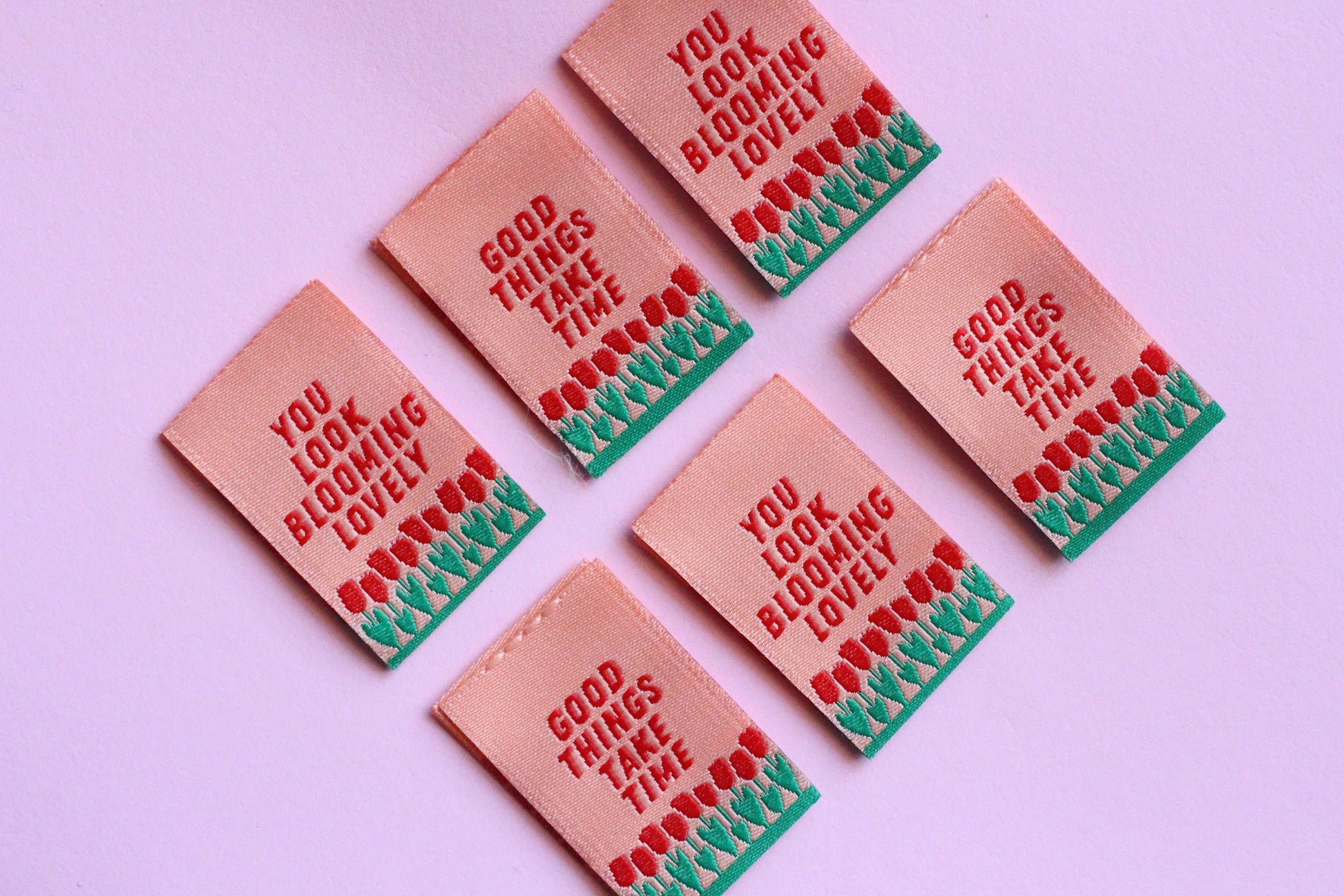 GOOD THINGS TAKE TIME / YOU LOOK BLOOMING LOVELY | Tulip Double Sided Woven Sewing Labels (6 Pack) - The Cosy Club Handmade