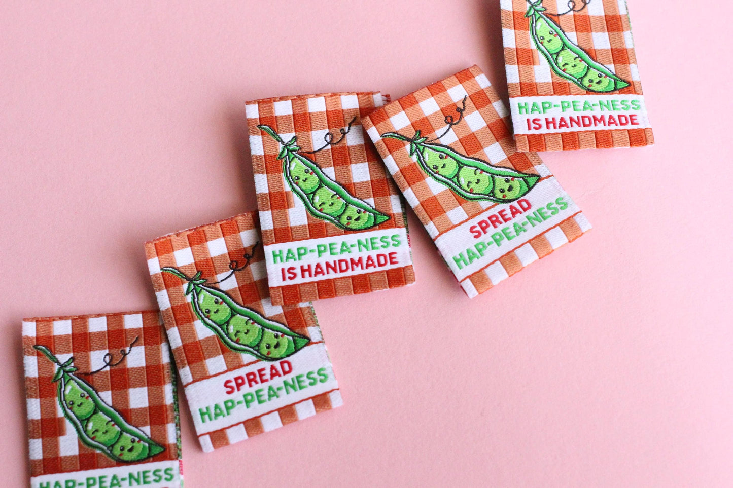 Gingham Woven Sewing Labels – Pack of 6 “Hap-Pea-Ness Is Handmade” Cute Tags, Fun Fabric Labels for Knitting, Quilting & Handmade Clothes - The Cosy Club Handmade