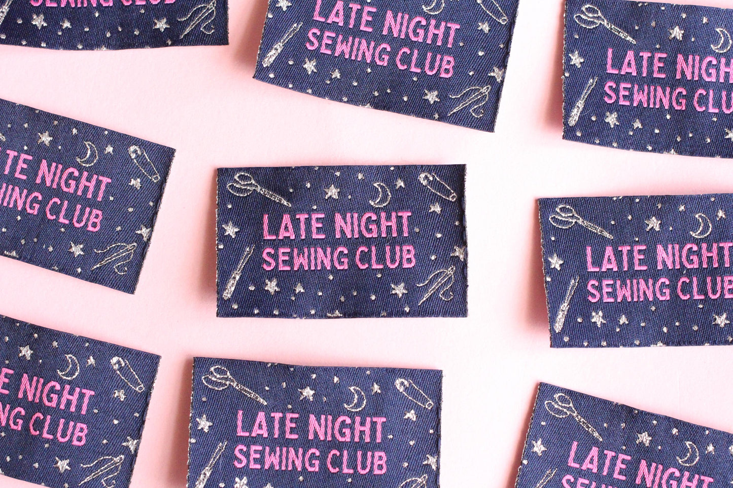 Woven Sewing Labels – Pack of 5 Silver Navy “Late Night Sewing Club” Tags, Fun Clothing Labels for Handmade Clothes, Tags for Handmade - The Cosy Club Handmade