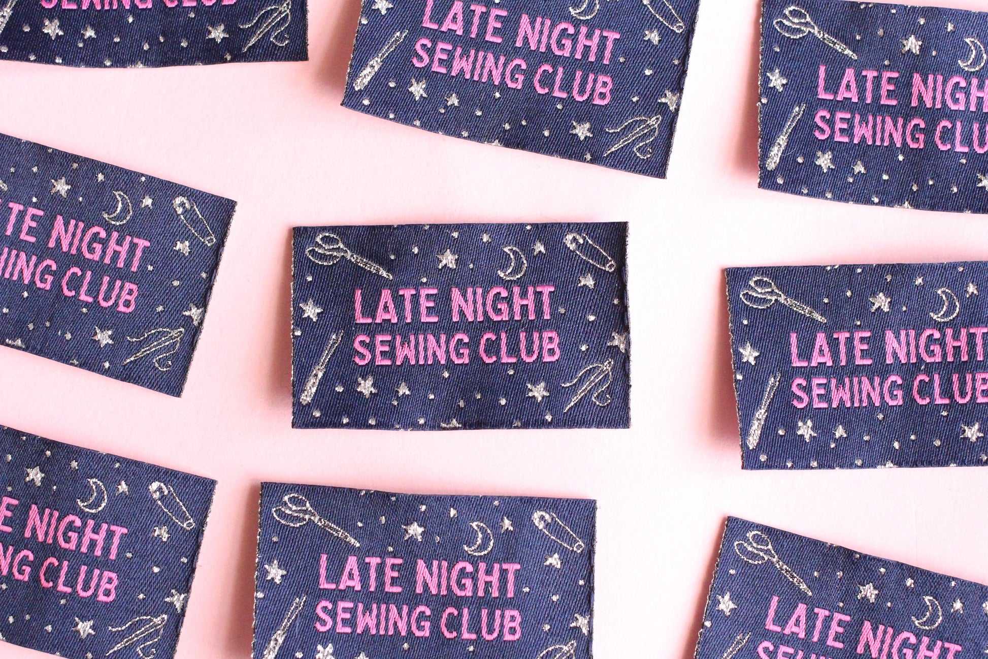 Woven Sewing Labels – Pack of 5 Silver Navy “Late Night Sewing Club” Tags, Fun Clothing Labels for Handmade Clothes, Tags for Handmade - The Cosy Club Handmade
