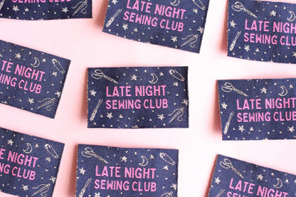 Woven Sewing Labels – Pack of 5 Silver Navy “Late Night Sewing Club” Tags, Fun Clothing Labels for Handmade Clothes, Tags for Handmade - The Cosy Club Handmade