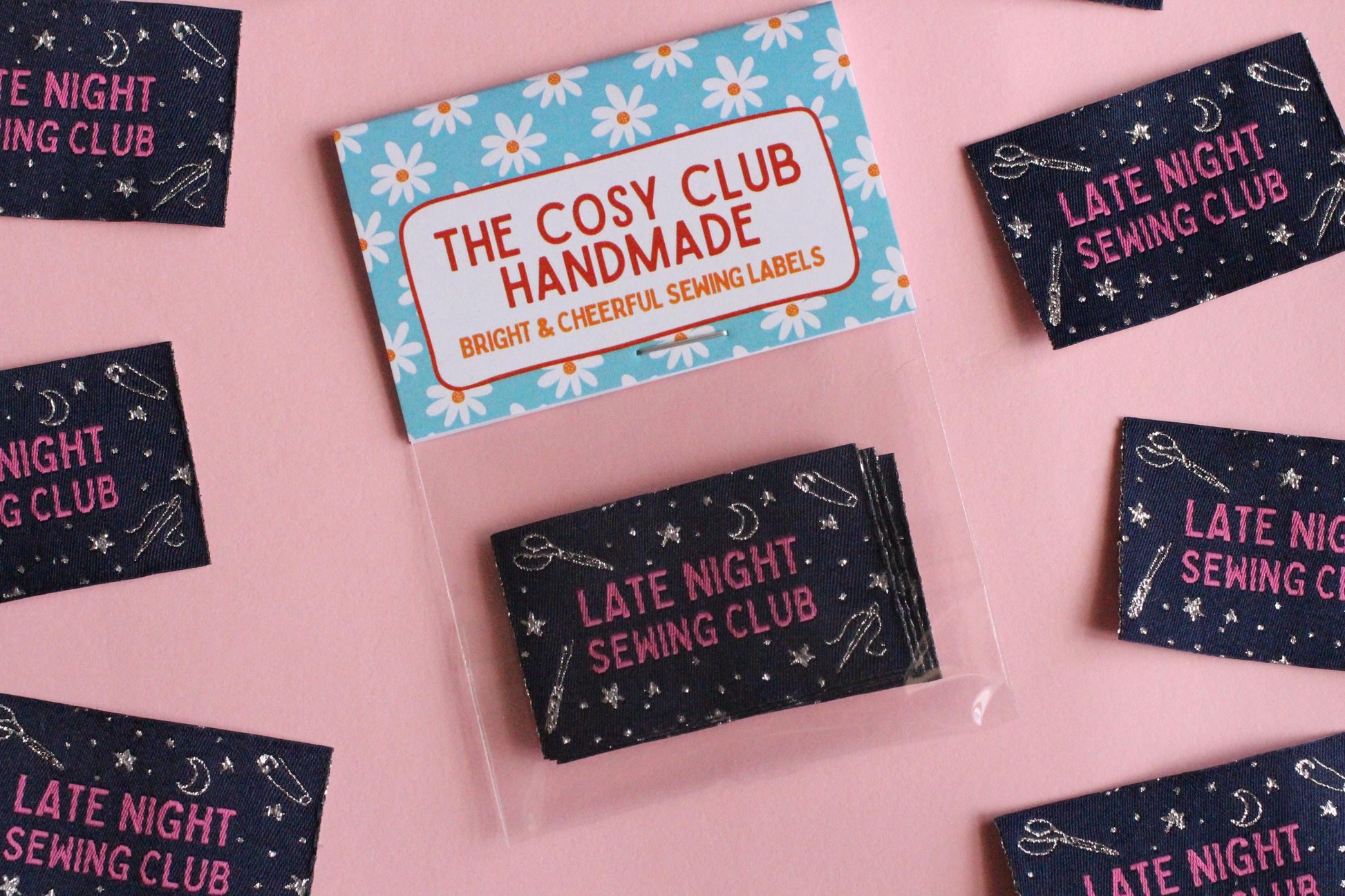 Woven Sewing Labels – Pack of 5 Silver Navy “Late Night Sewing Club” Tags, Fun Clothing Labels for Handmade Clothes, Tags for Handmade - The Cosy Club Handmade