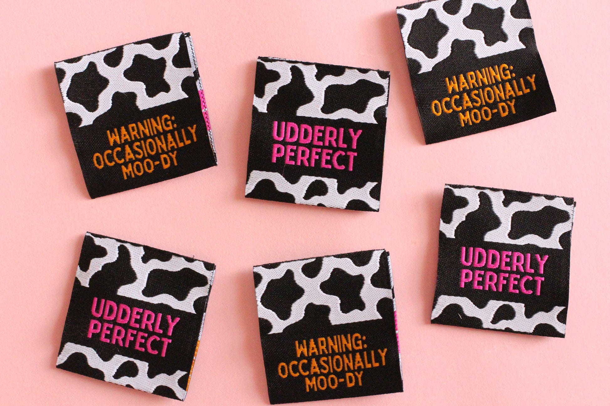 UDDERLY PERFECT / OCCASIONALLY MOO-DY | Cow Print Double Sided Woven Sewing Labels (6 Pack) - The Cosy Club Handmade