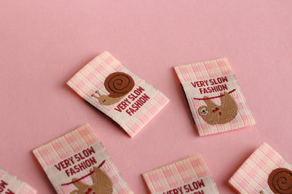Funny Woven Sewing Labels – Pack of 6 Snail & Sloth “Very Slow Fashion” Tags, Labels for Quilting, Knitting and Crochet - The Cosy Club Handmade