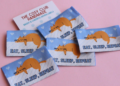 Ginger Cat Woven Sewing Labels: 'Eat Sleep Repeat' Pack of 5 Super Soft High Quality Fun Sewing Tags for Handmade Projects, Quilting, Crafts - The Cosy Club Handmade