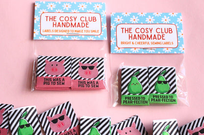 Double Sided Woven Sewing Labels | The Cosy Club Handmade x Adam Sews "Pressed to Pear-fection" "This was a Pig to Sew" Tags for Handmade - The Cosy Club Handmade