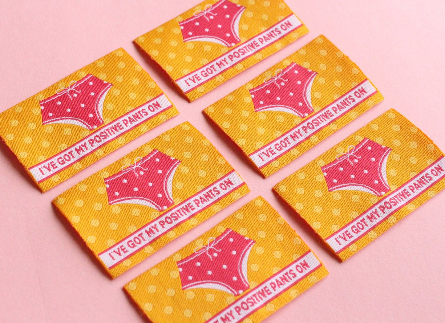 Cute Woven Sewing Labels "I've Got My Positive Pants On" Pack of 5 cute, fun sewing labels for handmade projects, funny, knitting, crochet - The Cosy Club Handmade