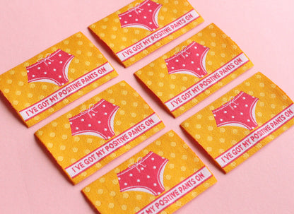 Cute Woven Sewing Labels "I've Got My Positive Pants On" Pack of 5 cute, fun sewing labels for handmade projects, funny, knitting, crochet - The Cosy Club Handmade