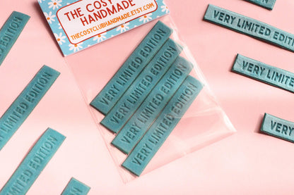 Velvet labels for handmade clothes | Pack of 4 teal velvet sewing labels "Very Limited Edition" | Soft velvet tags for handmade items - The Cosy Club Handmade