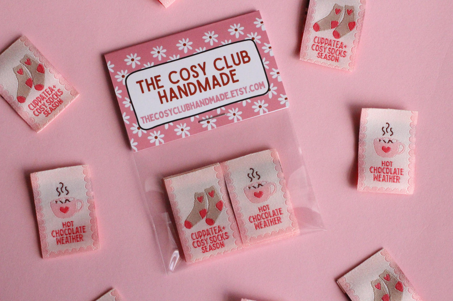 HOT CHOCOLATE WEATHER | Cosy Winter Double Sided Woven Sewing Labels (6 Pack) - The Cosy Club Handmade