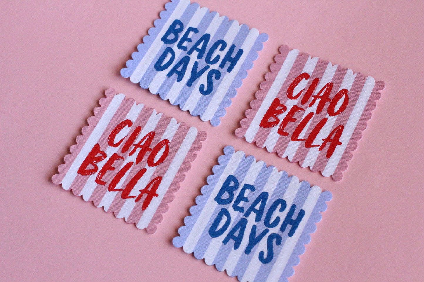 SCALLOP EDGE PACK | Scallop Edge Woven Sewing Labels: Beach Days & Ciao Bella - Pack of 4 clothes tags for Handmade projects, Interfaced - The Cosy Club Handmade
