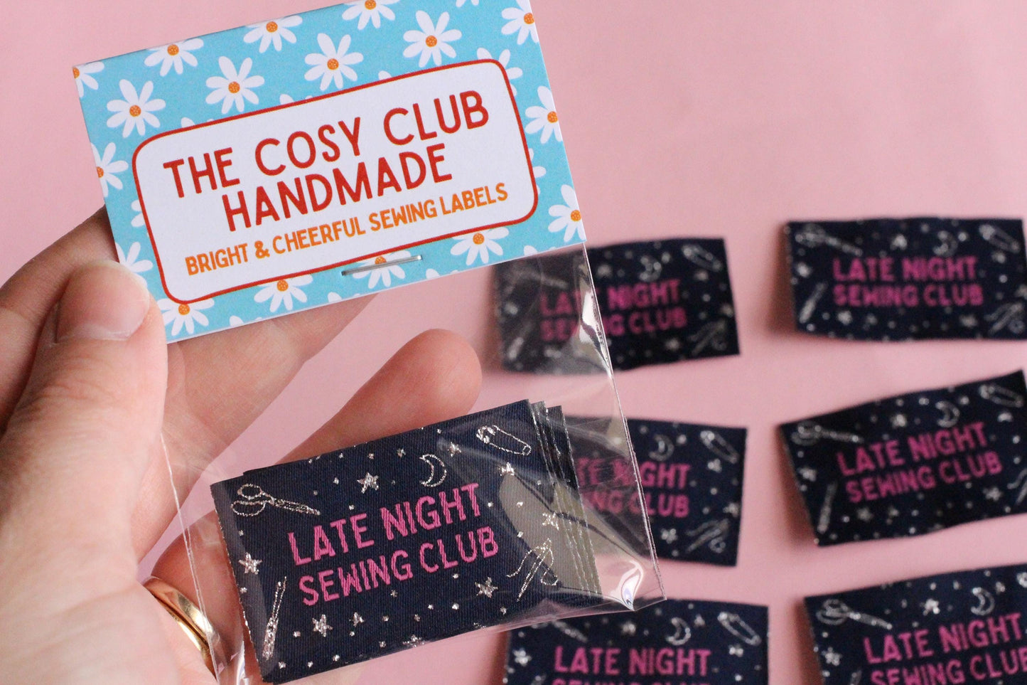 Woven Sewing Labels – Pack of 5 Silver Navy “Late Night Sewing Club” Tags, Fun Clothing Labels for Handmade Clothes, Tags for Handmade - The Cosy Club Handmade