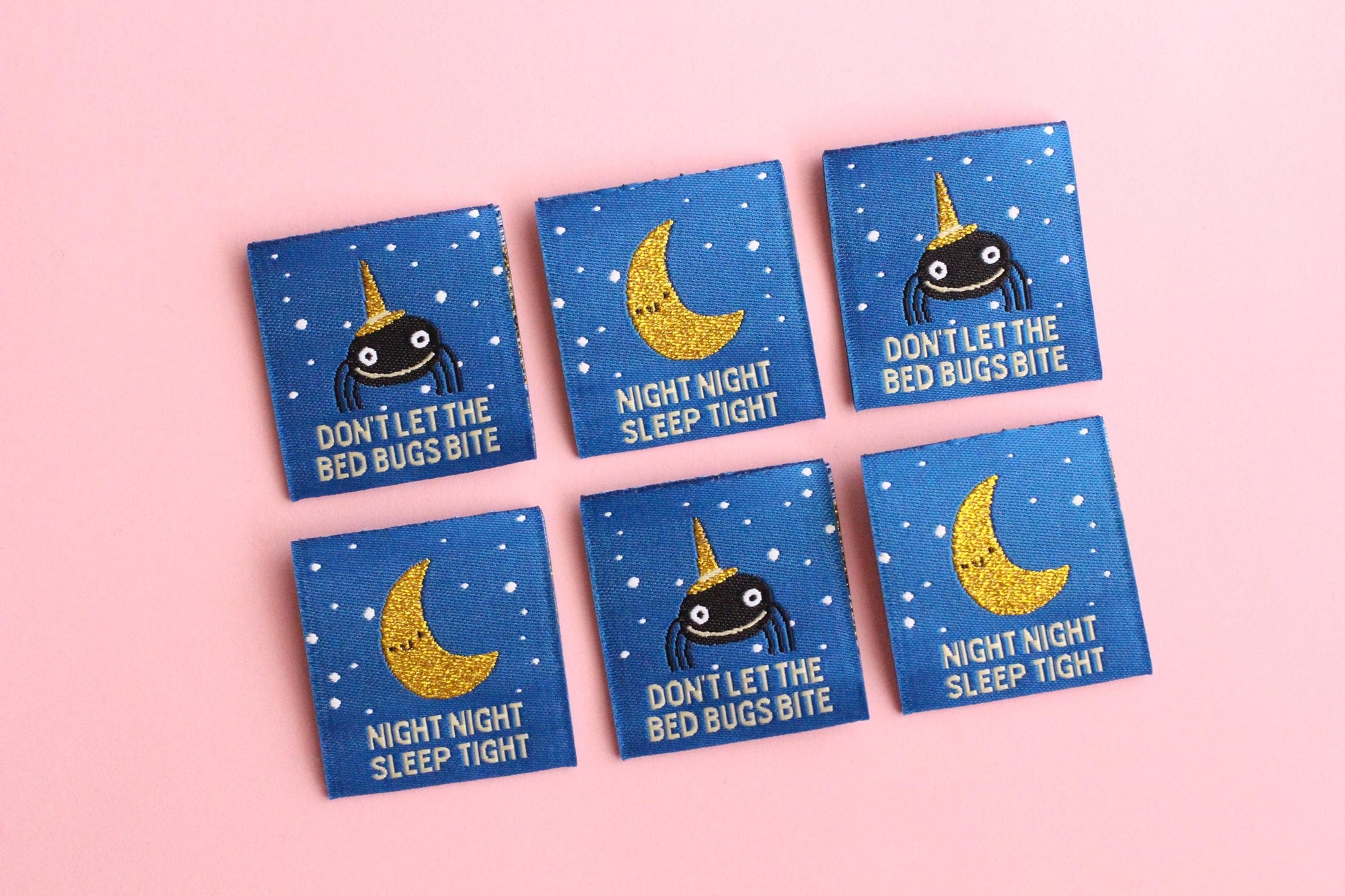 Pyjama Sewing Labels – Pack of 6 Double-Sided Fun Tags, Super Soft Labels for Handmade Projects "Night Night" "Don't Let the Bed Bugs Bite" - The Cosy Club Handmade