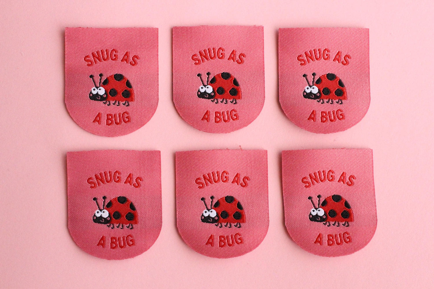 Ladybird / Ladybug Woven Sewing Labels – Pack of 5 Pink “Snug as a Bug” Cute Tags, Soft Clothing Labels for Crochet and Handmade Clothes - The Cosy Club Handmade