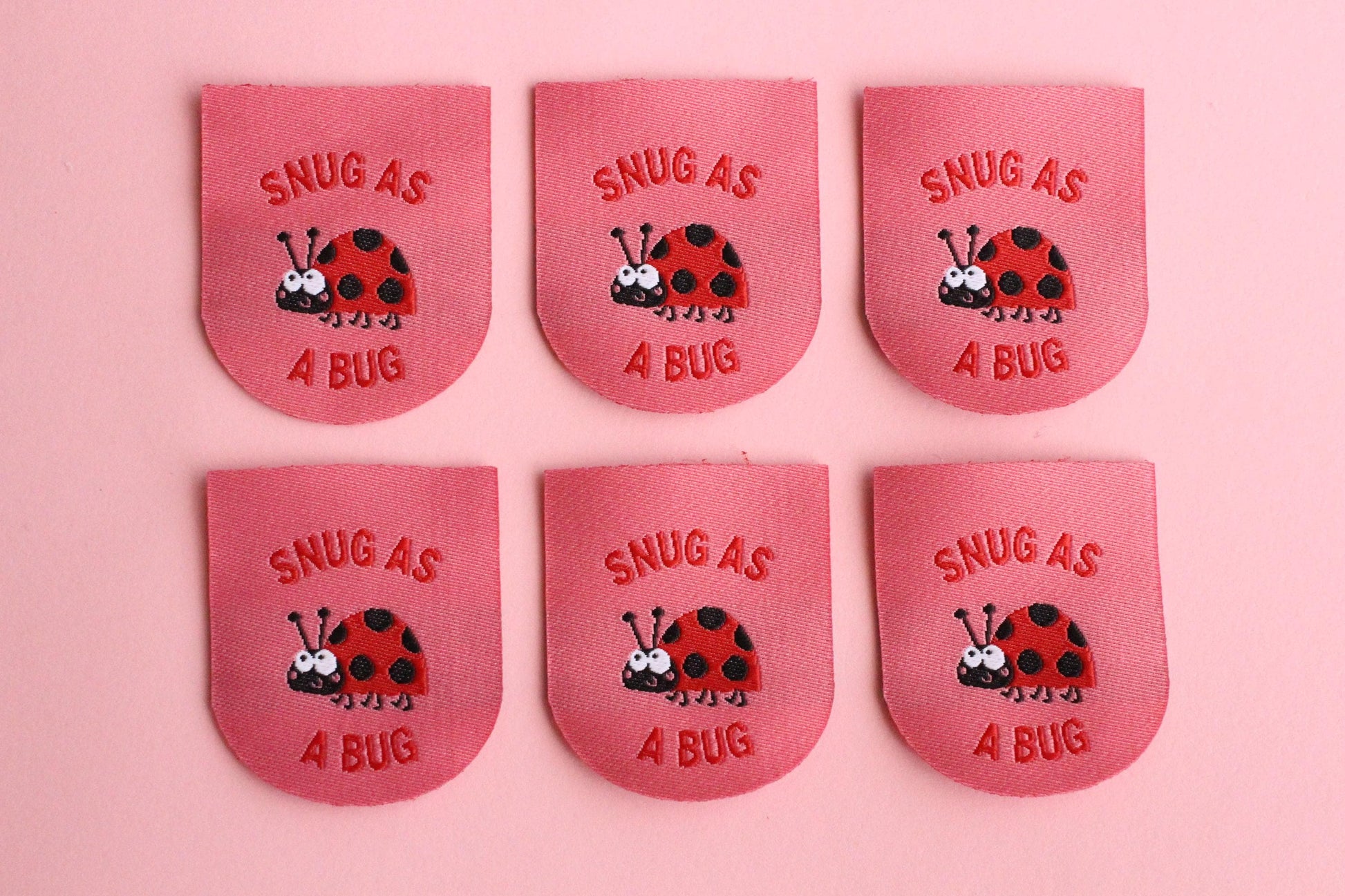 Ladybird / Ladybug Woven Sewing Labels – Pack of 5 Pink “Snug as a Bug” Cute Tags, Soft Clothing Labels for Crochet and Handmade Clothes - The Cosy Club Handmade